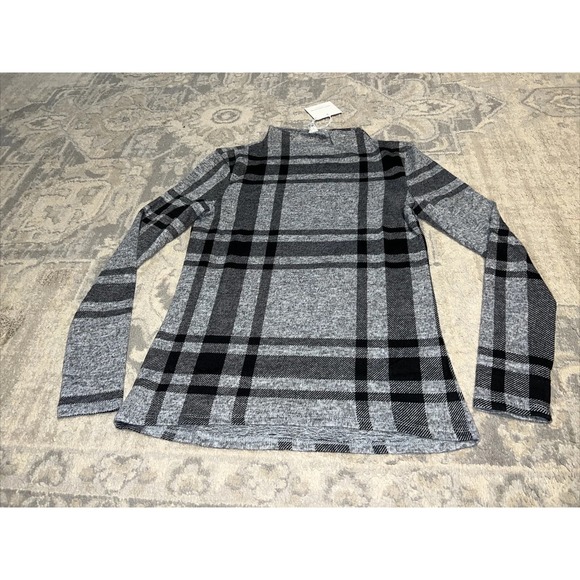 New Beach Lunch Lounge Womens Shaylah Black Gray Checkered Mock Neck Knit Shirt - Picture 1 of 6